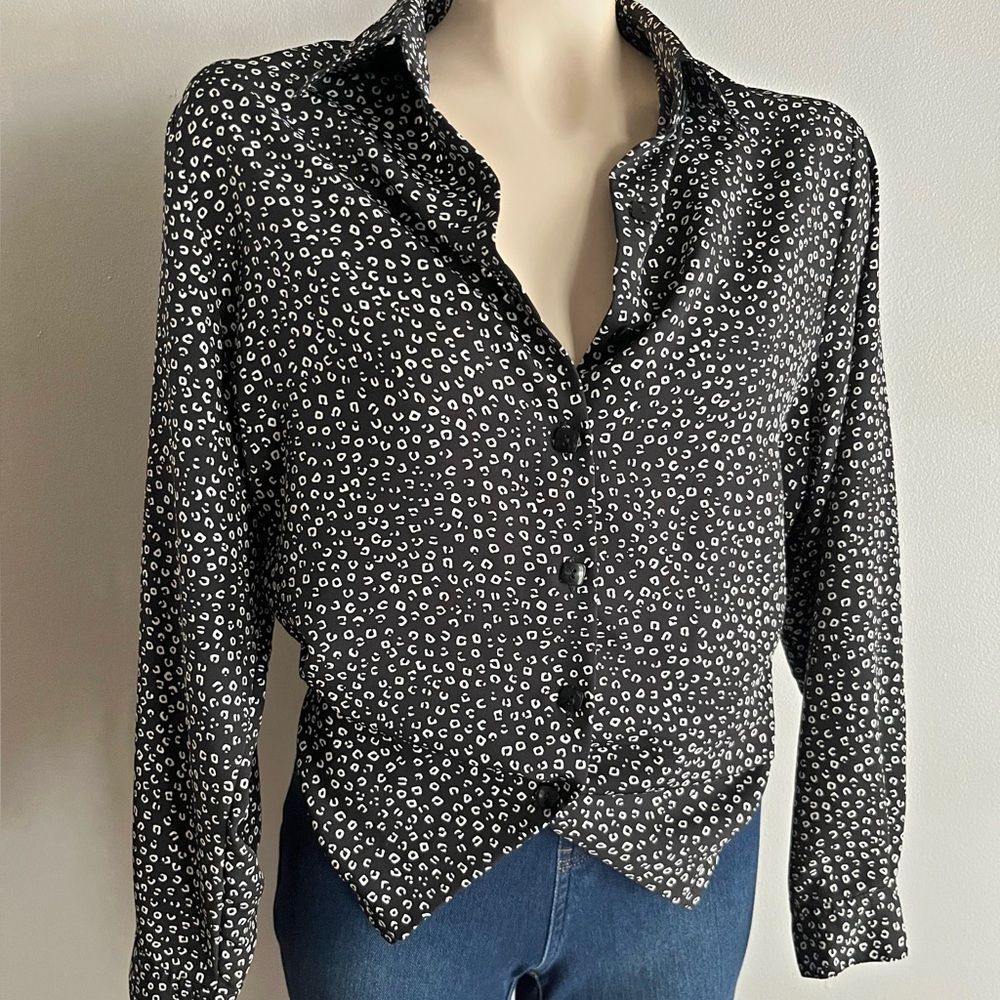 Vintage 90s Black White Abstract Print Button Blouse Relaxed Fit Retro Top